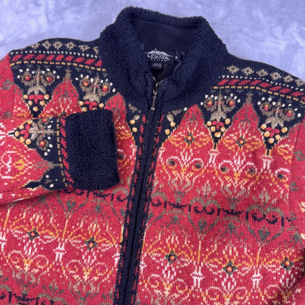 Icelandic Design Women Red Black Wool Blend Fair Isle Full Zip Jacket Medium